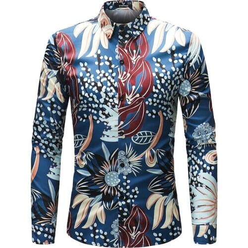 Mens Floral Print Shirts Chemise Blue Long Sleeve Slim Fit Shirt Male Casual Homme Cotton Satin Man Clothing Dress