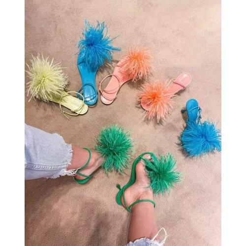 Moraima Snc Feather Tassel High Heel Sandals Summer Open Toe Sexy Shoes Green Blue Gladiator Heels