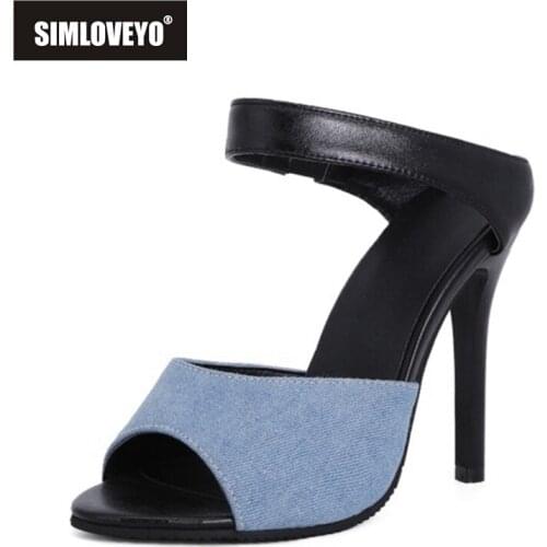 SIMLOVEYO 2021 Sexy Sandals Front Strap Alligator Denim Snakeskin Open Toe Slingbacks Elastic Band 11cm Thin Heel US17 Red A4342