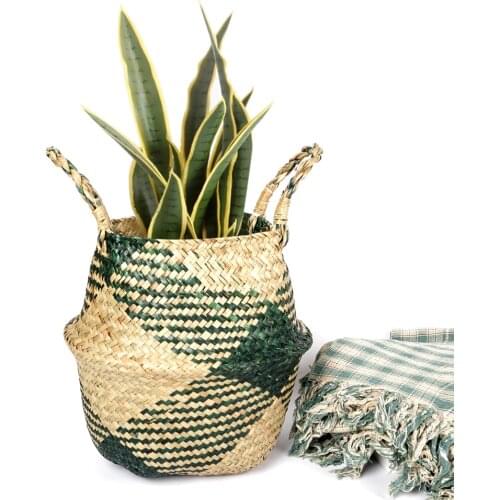 Foldable Natural Seagrass Woven Storage Basket Handmade Bamboo Storage Baskets Wicker Rattan Nordic Style Garden Flower Pot