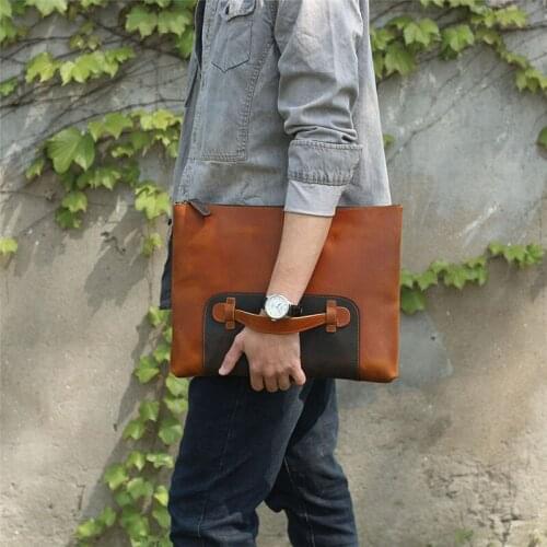 Simple retro mens genuine leather clutch bag fashion first layer cowhide large capacity daily casual computer file bag