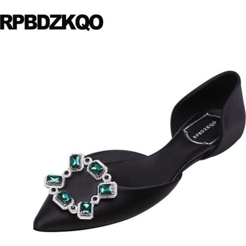 Party black wedding pointed toe satin women dress shoes slip on flats rhinestone crystal china red diamond sandals rubber sole