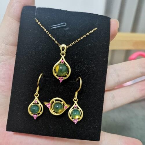 Natural Blue Amber Bead Jewelry Female Jewelry Pendant Necklace Earring Ring 3 Piece Set s925 Ancient Gold Inlay