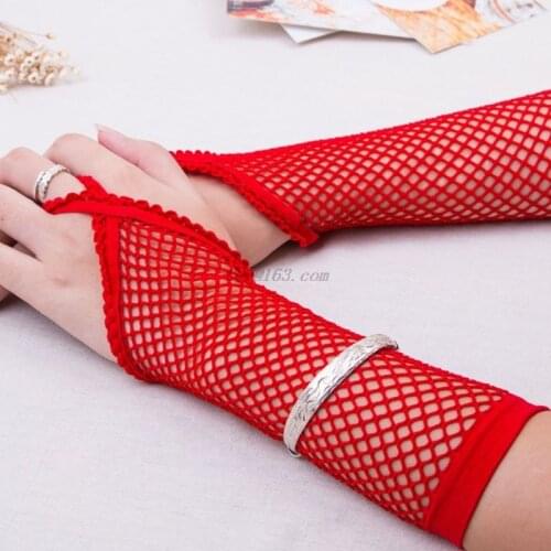 Women Sexy Sheer Punk Long Fingerless Gloves Solid Color Fishnet Disco Dancing Party Mesh Mittens Lace Trim With Finger Loop 6 C