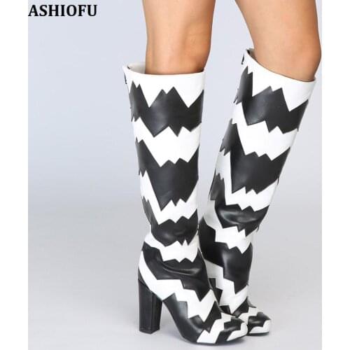 ASHIOFU New Handmade Womens Block Heel Boots Garden Style Knee Boots Sexy Party Prom Fashion Evening Short Boots Shoes
