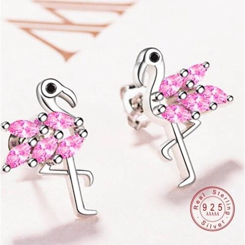 Flamingo Bird Crystal Silver Stud Earring for Women Korean Earrings Ladies Fashion Girl Female Ear Accessories Birthday Gifts