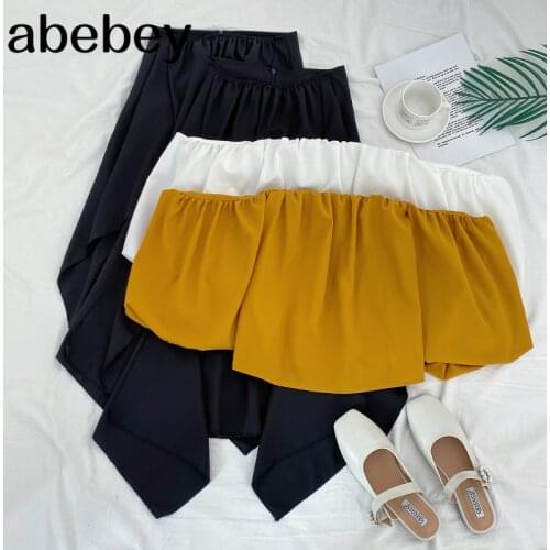 2021 New Spring Summer Women Sexy Off shoulder Slash neck short Top + high waist slim irregular Skirt two piece set