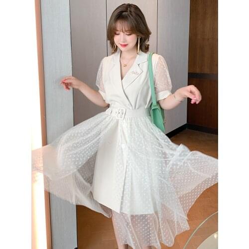 High quality Double-breasted suit dress + high waist wave net veil two-piece women new summer