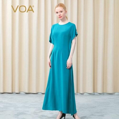 VOA 30m/m Heavy Silk Alice Blue Asymmetric Elegant Fashion Atmospheric Dress Female AE820 O-Neck Half Sleeve Dresses for Women