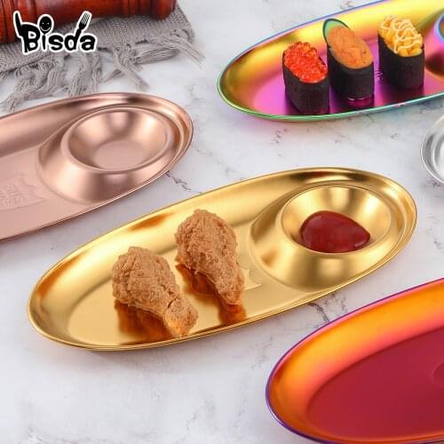 1/3Pcs Stainless Steel Dinner Plate Oval Snack Dessert Dishes Dumpling Sushi Korean Cutlery2 Sections Divided Dish Storage Plate