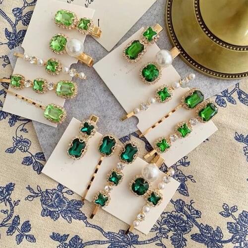 6Pcs Retro Barrette Simple Emerald of Vintage Man-made Diamond Barrettes Set Chopped Hair Side Clips Back of the Head Long Clip