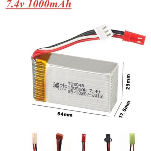7.4V 1000mAh 25c 703048 Lipo Battery For MJXRC X600 RC Drone Spare Parts 2S 7.4v Toy Battery With JST/SM/T/EL-2P/Tamiya Plug
