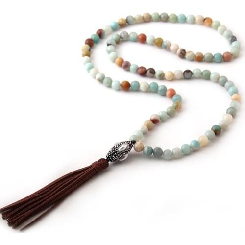 Free Shipping Amazonite Stones Bohemian Tribal Jewelry Oval Pearl Pave Crystal Ball Brown Tassel Necklace