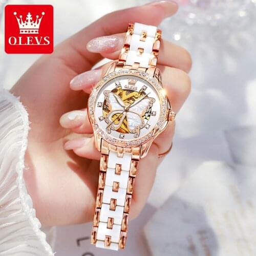 WLISTH Women Mechanical Watch Golden Stainless Steel Ceramics Strap Dress Watches Fashion Luxury Brand Womens Automatic Watch