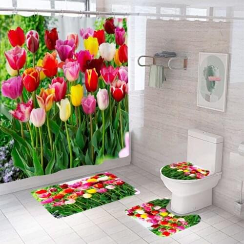 Blooming Flowers Shower Curtain Sets with Rugs Bathroom Decor Bath Rug and Mats with Hooks Toilet Seat Cover