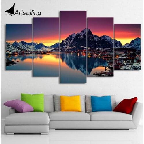 HD printed 5 piece canvas art sunset lake mountain scenery painting wall pictures for living room modern free shipping ny-1967