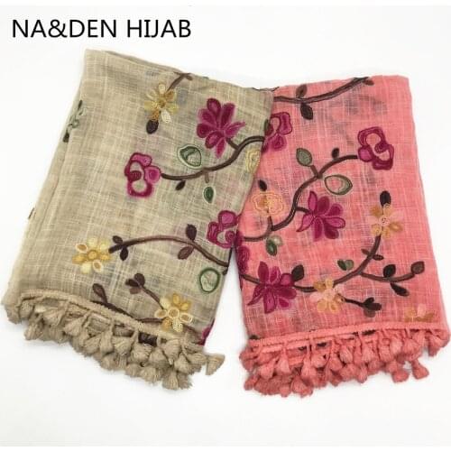 Hi-Q plain soild hijabs flower embroidery tassels women scarf bandanna shawls muslim head wraps 10pcs/lot fast shipping