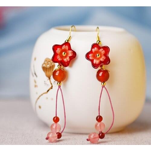 Ethnic Style Tassel Red Wedding Earrings ,vintage Han Clothing Long Retro Earrings Accessories for Womens Wholesale Jewelry