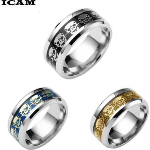 ICAM 8MM Black Men Ring Tungsten Carbide Ring With Black Carbon Fiber And Skull Inlay Comfort Fit