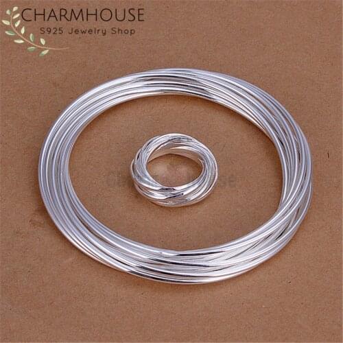 Charmhouse Silver 925 Jewelry Sets For Women 10 Loops Cuff Bangle Bracelet + Finger Ring 2PCS Set Wedding Bridal Jewelry Bijoux