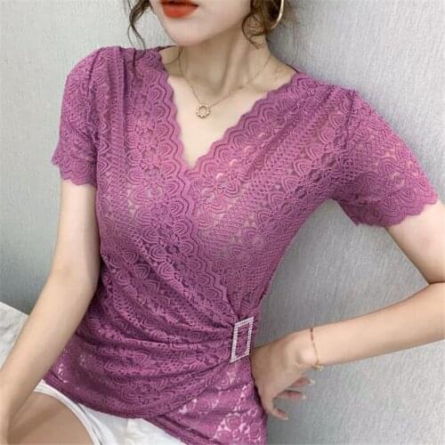 Lace tops for Women 2021new T-shirt Summer short sleeve v-neck women blouse shirt Sexy Hollow out lace top plus size blusas tees