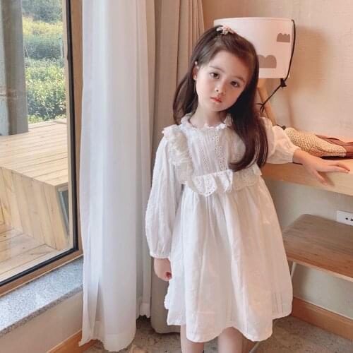 Baby Girls Lace Dress for Kids 2021 Spring Summer Children Cotton Clothes with Lining Embroidery White Ruched Cute,#5954