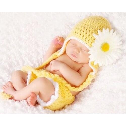 Lovely Sunflower Crochet Wool Knitted Hat Short Pants Newborn Baby Set Studio Photo Supplies Birthday Photo Prop Infant Baby