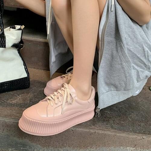 MKKHOU Fashion Single Shoes Women New Net Red Leather Round Toe Lace Platform Shoes Ladies All-Match Casual Shoes Biscuit Shoes