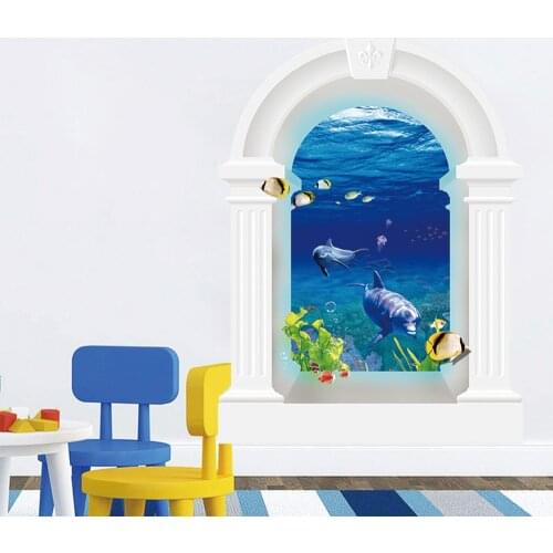 New wall sticker 3D broken wall dolphin shark false window living room bedroom decoration painting Personalized wall stickers