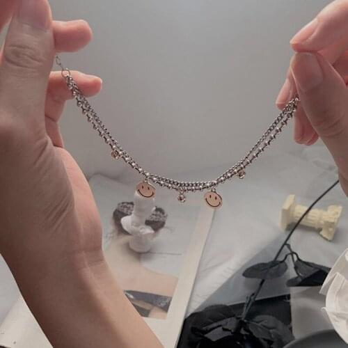 New Handmade Smiling Face Double Layer Bracelet Bangles For Women Thai Silver Color Beads Chain Bracelet