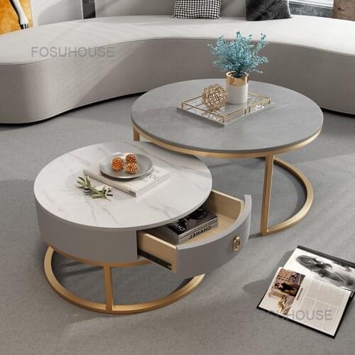 Simple Nordic Round Marble Coffee Tables With Drawer Light Luxury Modern Coffee Table Living Room Furniture Iron Sofa Side Table