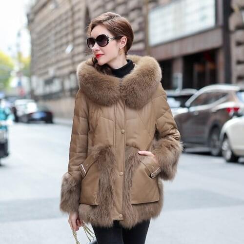 Fox Fur Collar Hooded Genuine Sheepskin Leather Jackets Autumn Winter 90%White Duck Down Female Jacket Womens Coats RopaZjt1362