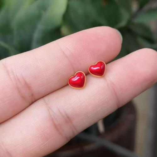 Real 24K Yellow Gold Earrings Women 999 Gold 3D Red Heart Earrings