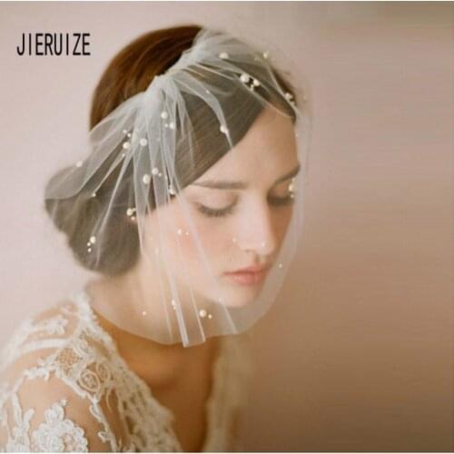 JIERUIZE Modest Wedding Veils Birdcage Veils Ivory White Pearl Tulle Bridal Veils Face Veil