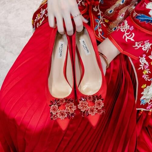 Wedding Shoes High Heel Rhinestone Slik Woman Pumps Pointed Toe Party Dress Shoe Thin Heels Winter Autumn Brand