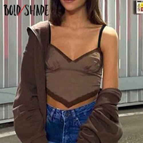 Bold Shade 90s Vintage Indie Clothes Camis Lace Trim Strap V Neck Streetwear Bandana Crop Tops Y2K Brown Aesthetic Women Tanks