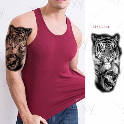 Waterproof Temporary Tattoo Sticker Black Handsome Tiger Skull Body Art Chest Back Belly Fake Tatoo Flash Tatto for Women Men