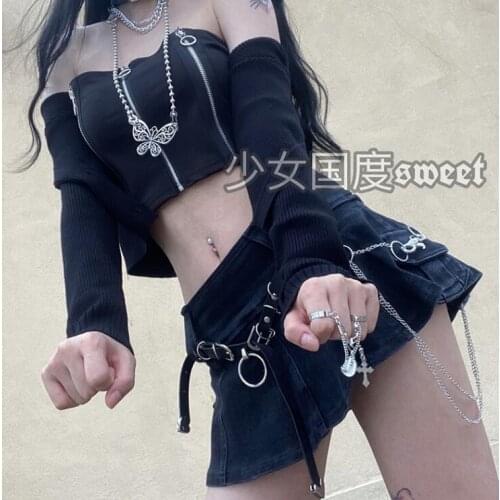 Japanese Gothic Harajuku Vintage Low Waist Mini Pant Skirt Black Punk Waistband Denim Culotte Fashion Short Skirts Cool Girl