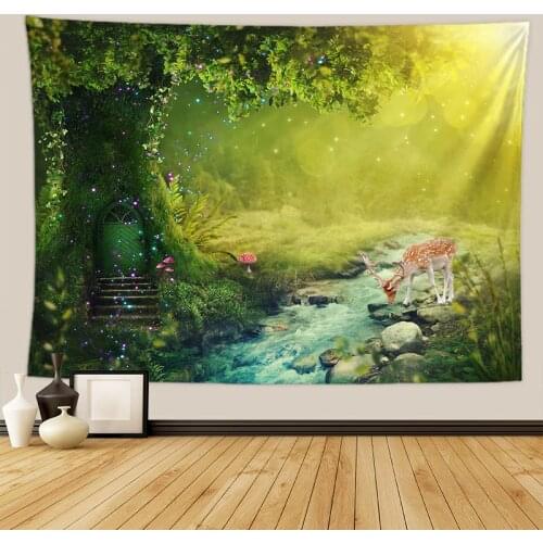 Green tree tapestry nature river deer carpet wall hanging wall cloth mushroom deer tapestry forest