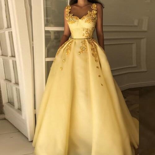 Yellow Muslim Formal Dress Sweetheart Flower Straps Islamic Dubai Saudi Arabic Long Elegant Evening Gown Prom Dresses Long