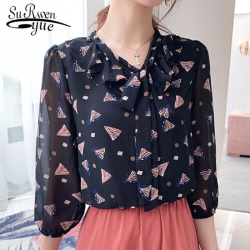 2019 Fashion Women Chiffon Blouses Casual Black Print V-neck Women Clothing Seven-piece Sleeve Bow Women Tops 5477 50