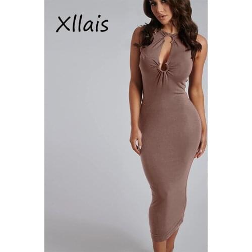 XLLAIS Cut Out Maxi Dress For Women 2021 Cotton Sleeveless Pencil Bodycon Robe Fashion Solid Elegant Evening Outfits Sxey