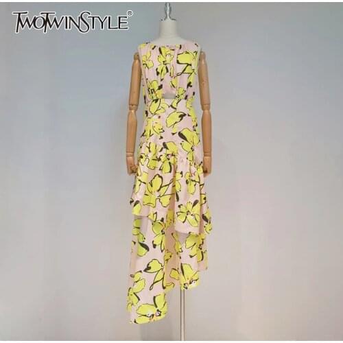 TWOTWINSTYLE Hollow Out Print Summer Womens Dress O Neck Sleeveless High Waist Irregular Hem Dresses For Women Fashion New 2021