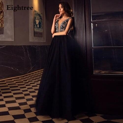 Eightree New Black Spaghetti Sleeveless Appliques Long Prom Dresses A-line V Neck Tulle Long Pleated Formal Evening Dress