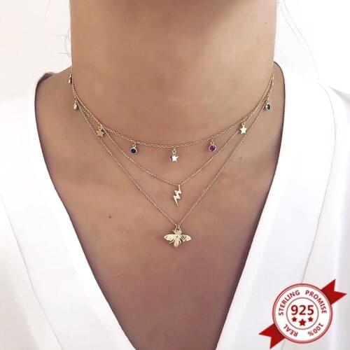 1PC 925 Sterling Silver Chain Star Necklace for Women Colorful Crystal Choker Necklace Rainbow CZ Clavicle Chain Party Jewelry