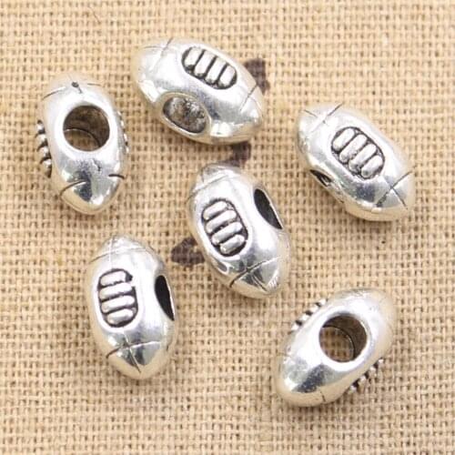 10pcs 14x9x8mm Football Rugby 4mm Big Hole Bead Charm Fits Antique Silver Color Charm Bracelets Wholesale DIY Making fit
