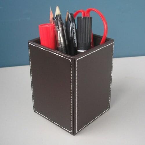 10cm square wooden PU leather desk pen pencil holder box case office desktop stationery organizer container accessories 265B