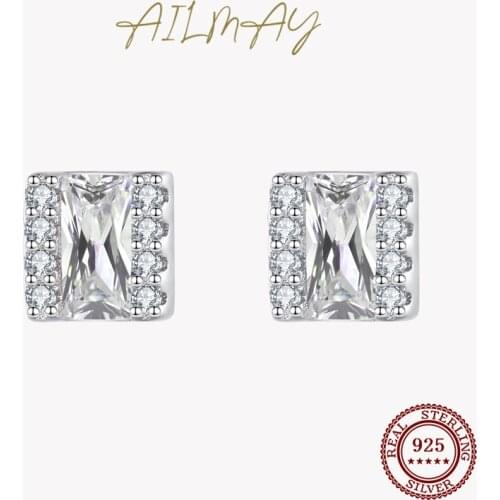Ailmay Simple Elegant Genuine 925 Sterling Silver Square Earrings Charm Dazzling Zircon For Women Wedding Engagement Jewelry