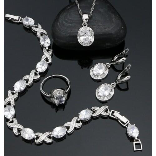 White Topaz Jewelry for Women 925 Sterling Silver Jewelry Set Earrings Open Ring Pendant Necklace Classic Wedding Accessories