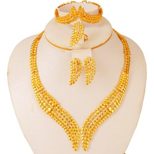 Dubai Jewelry Sets for Women African Bridal Party Earrings Ring Ethiopian 24k Gold Wedding Gifts Middle East Collares